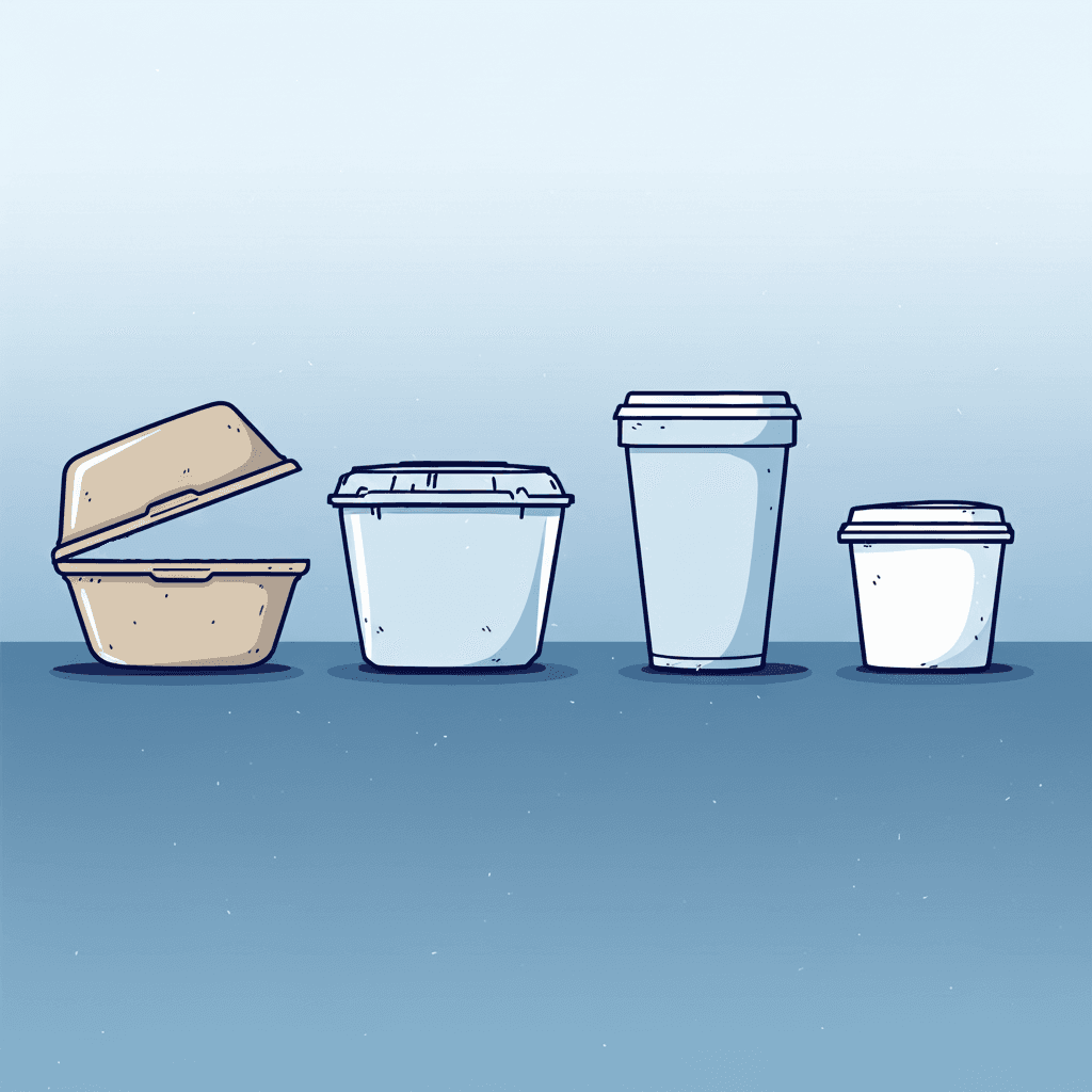 Various takeout containers including fiber, plastic, and paper